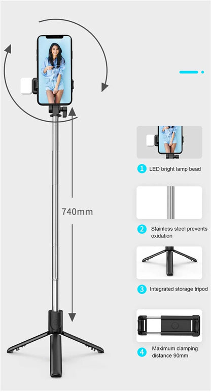 Smartphone holder with LED light and tripod on a gray background