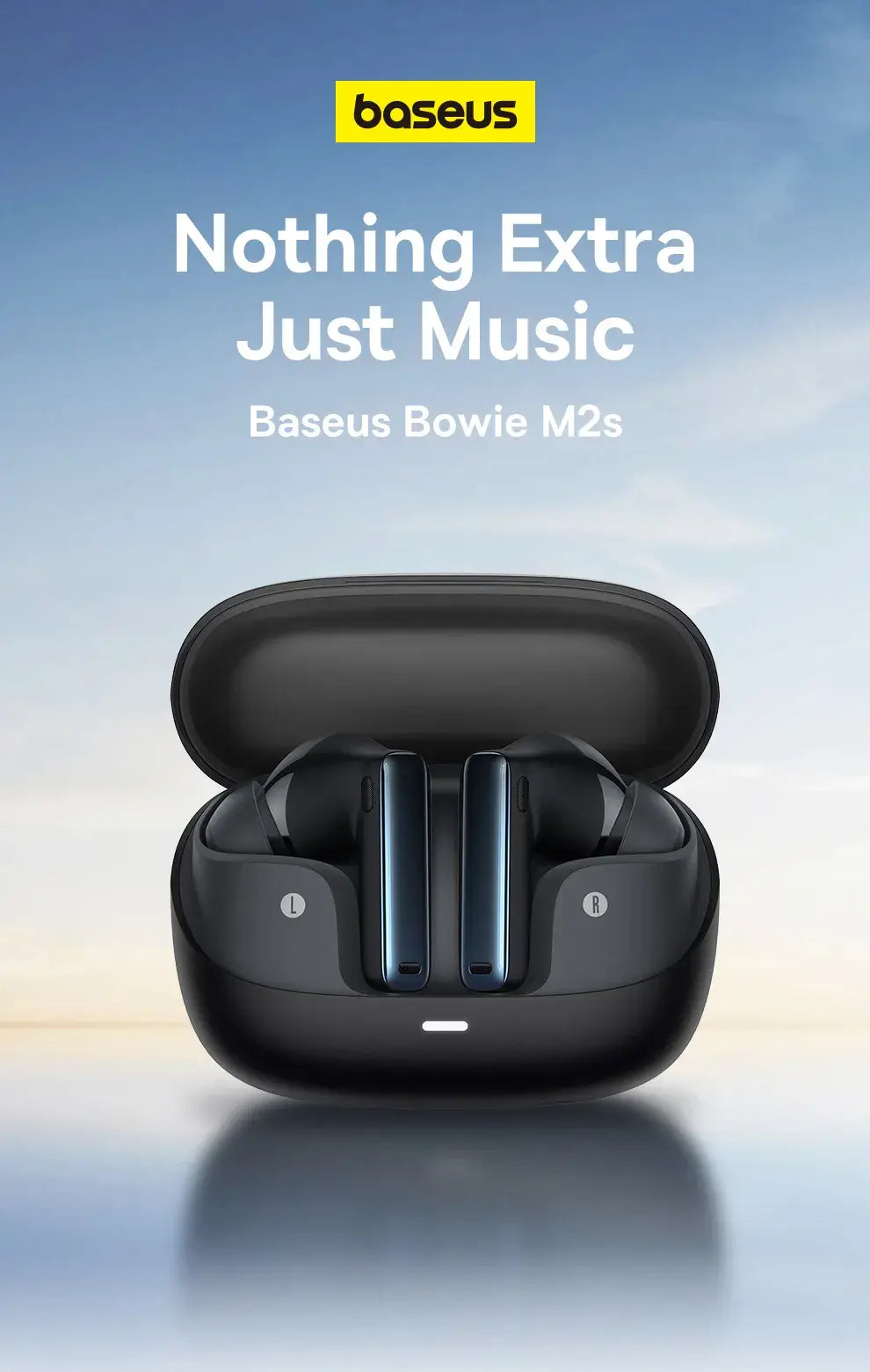 Black wireless earbuds in a charging case with “Baseus” branding on a gradient background
