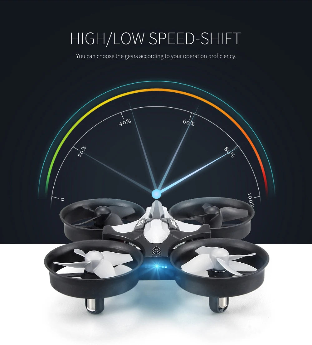 Black and white drone with speed shift indicator on a dark background