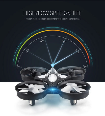 Black and white drone with speed shift indicator on a dark background
