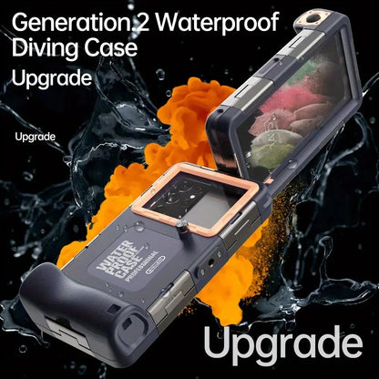 Waterproof diving case with 'Generation 2' text and water splashes in the background