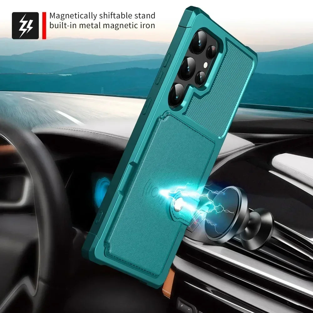 Teal phone case with magnetic stand feature on a car dashboard