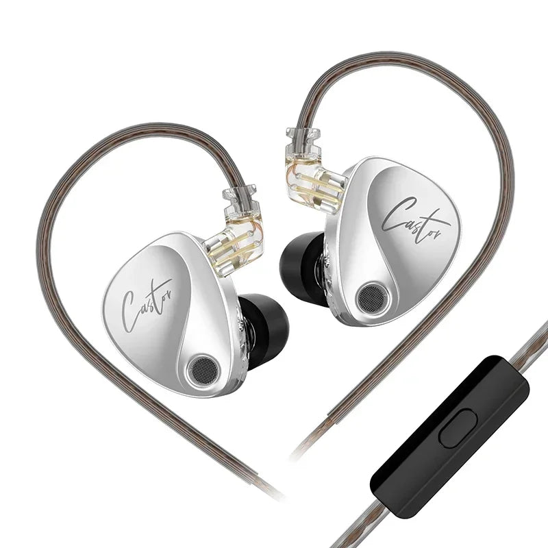 Pair of silver in-ear headphones with a black control unit on a white background