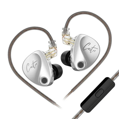 Pair of silver in-ear headphones with a black control unit on a white background