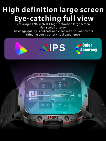 Smartwatch with high-definition screen and IPS color accuracy features on a dark background