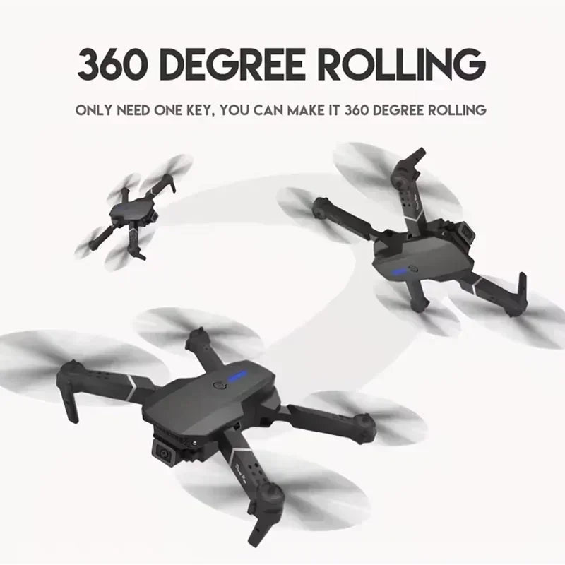 Black drone with text about 360-degree rolling on a white background