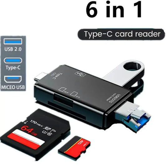 6-in-1 Type-C card reader with two SD cards on a white background
