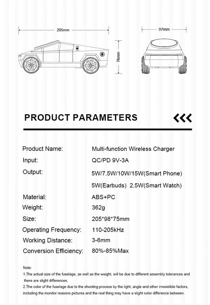 Product parameters of a multi-function wireless charger with dimensions and technical specifications.