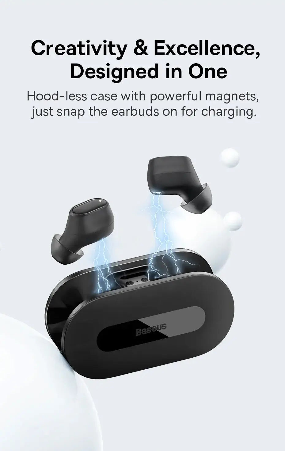 Black wireless earbuds with charging case on a light gray background
