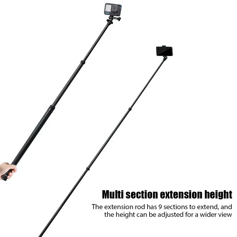 Multi-section extension selfie stick with camera attachments on a white background