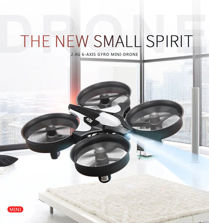 Mini drone with text 'The New Small Spirit' on a modern interior background