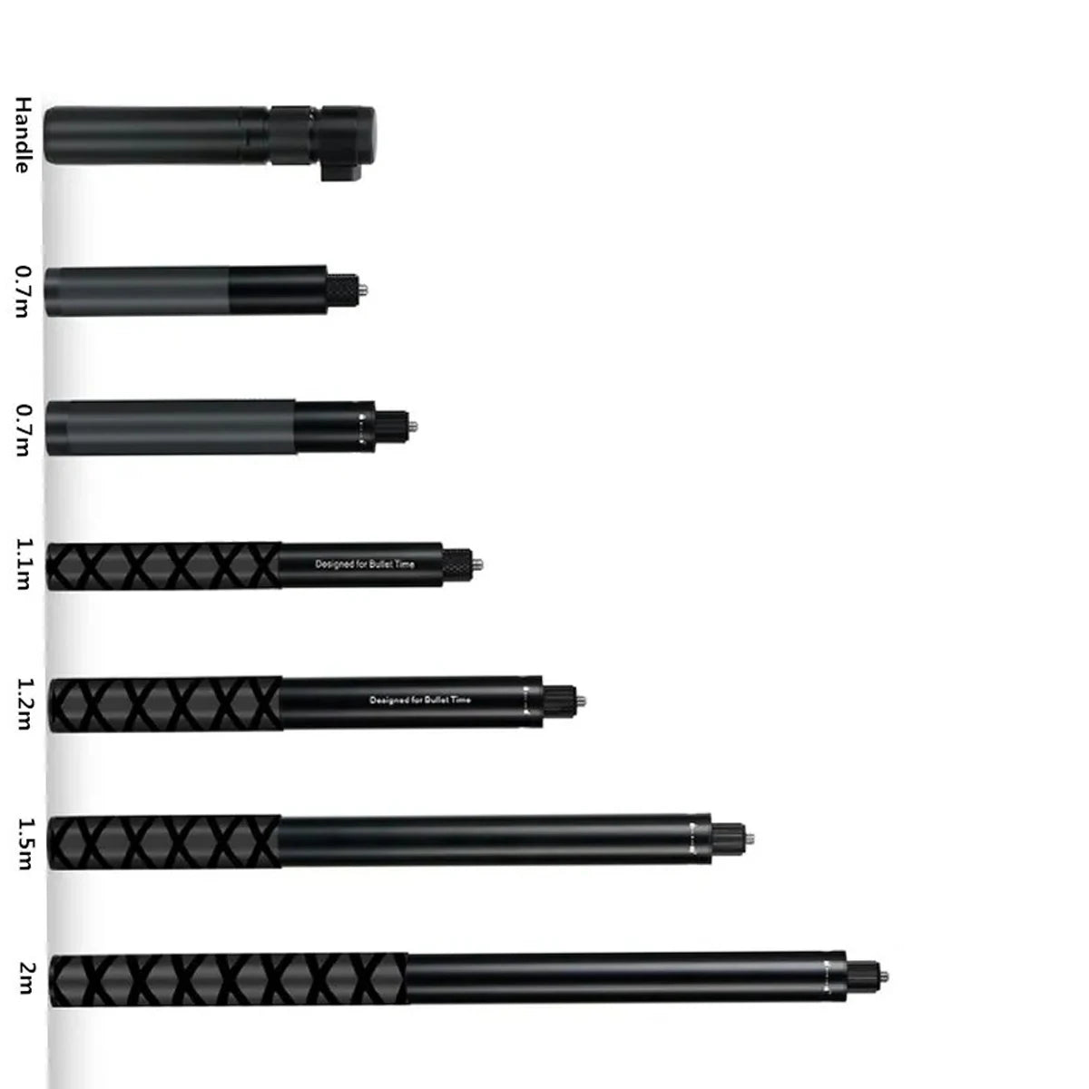 Set of black handles with measurements on a white background