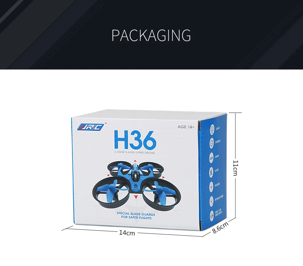 JRC H36 drone packaging box with dimensions on a white background