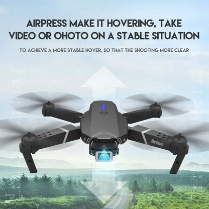 E88 Pro RC drone hovering with overlay text highlighting stability and video/photo capability
