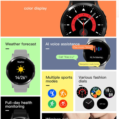 Smartwatch with various features displayed on a colorful background