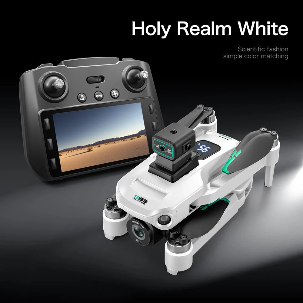 White drone with remote control and screen displaying desert landscape on a dark background