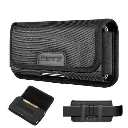 Black phone holster with strap and extra pouch on a white background
