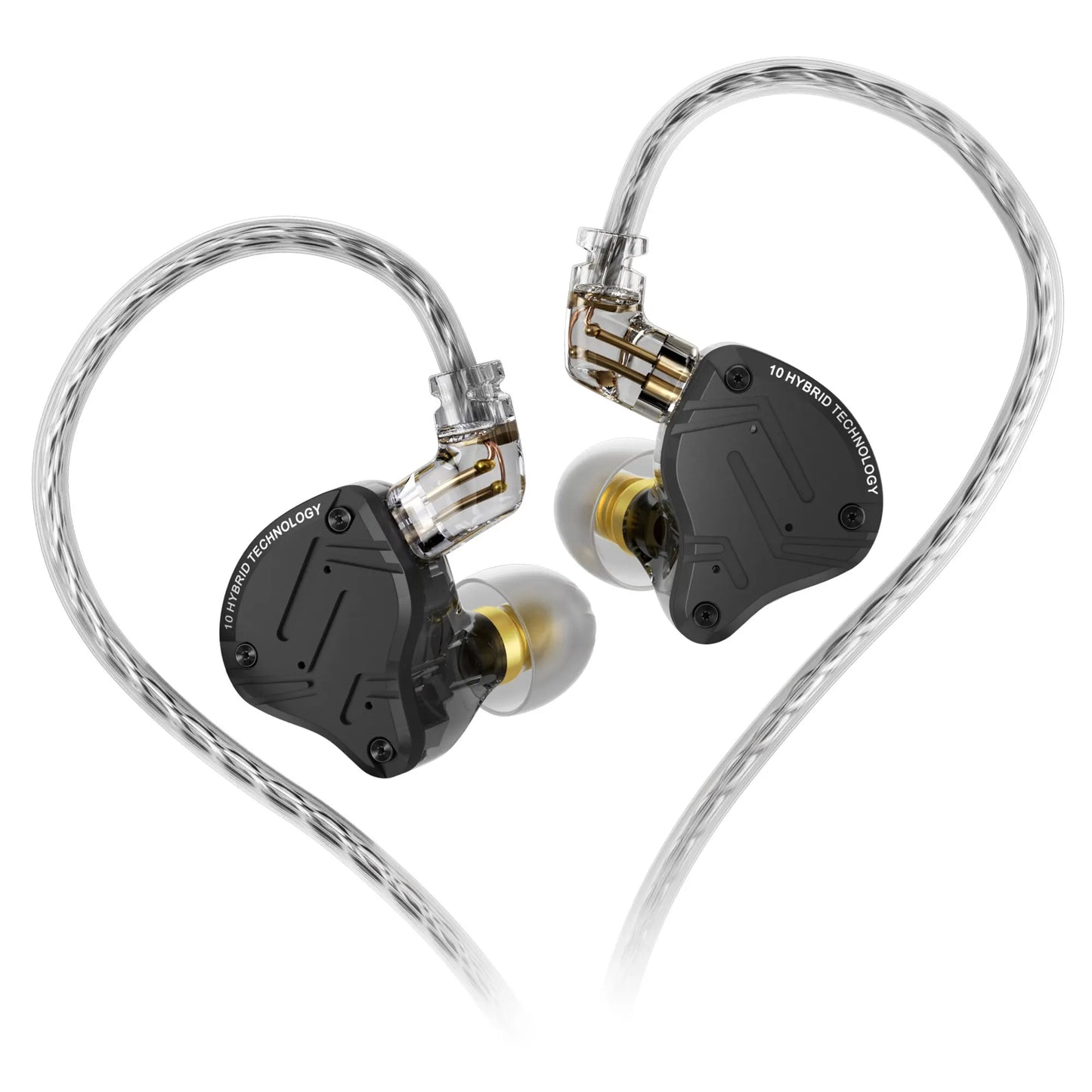 Pair of high-fidelity earbuds with visible components on a white background
