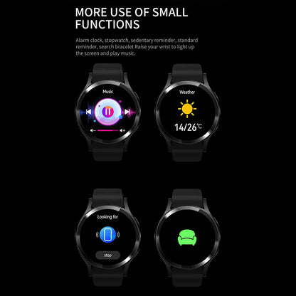 Smartwatch with various functions displayed on a black background