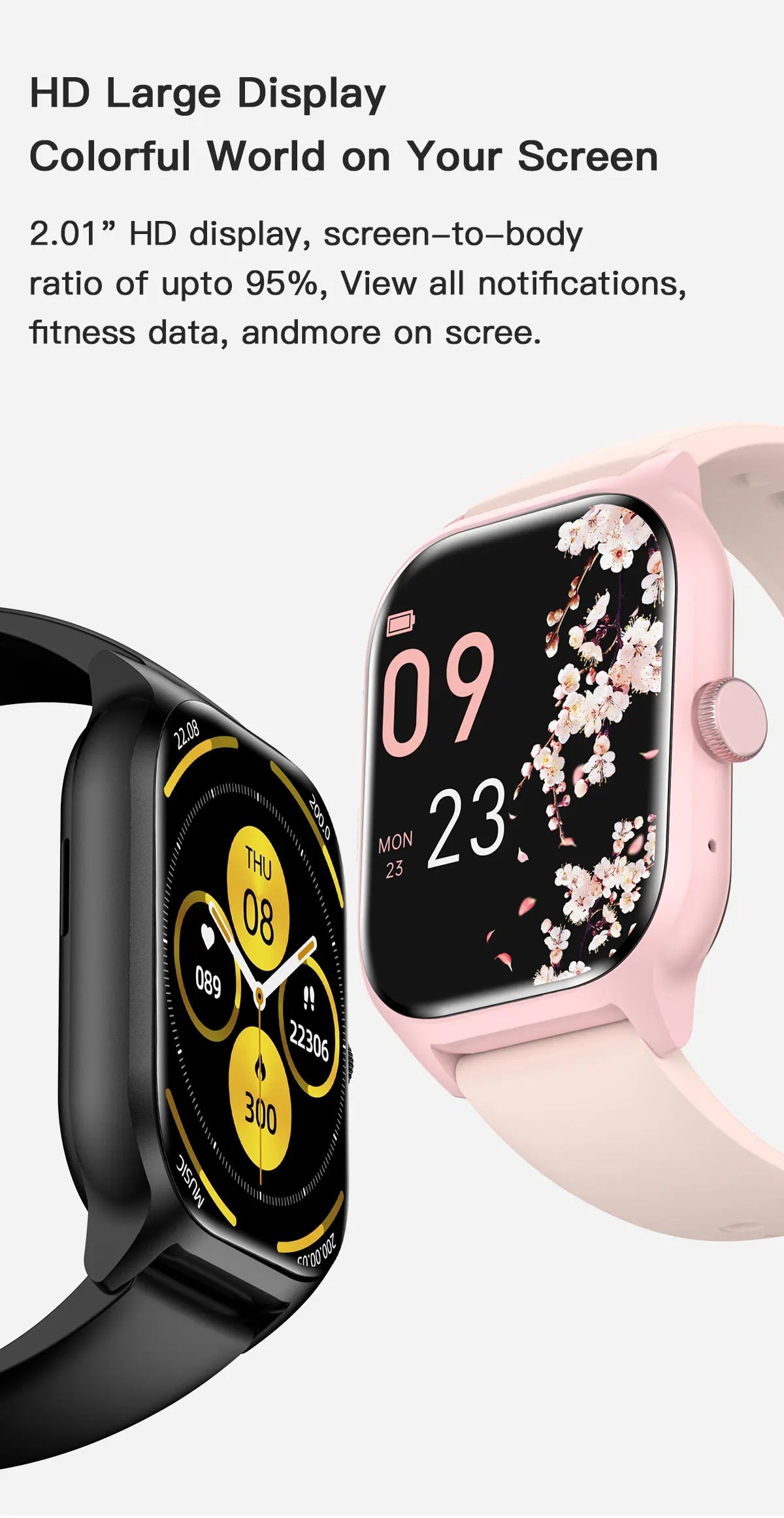 Smartwatch with a black band and another with a pink band on a white background, highlighting the HD display feature.