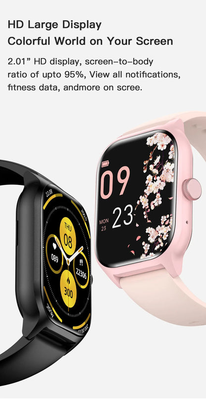 Smartwatch with a black band and another with a pink band on a white background, highlighting the HD display feature.