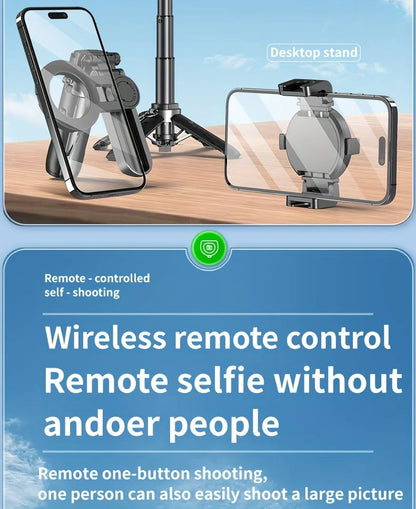 Wireless remote control device for smartphone on a wooden surface with text highlighting features.