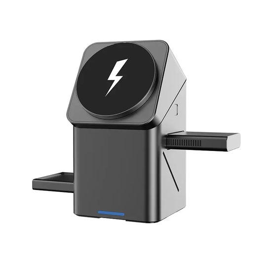 Black and gray phone holder with lightning bolt symbol on a white background