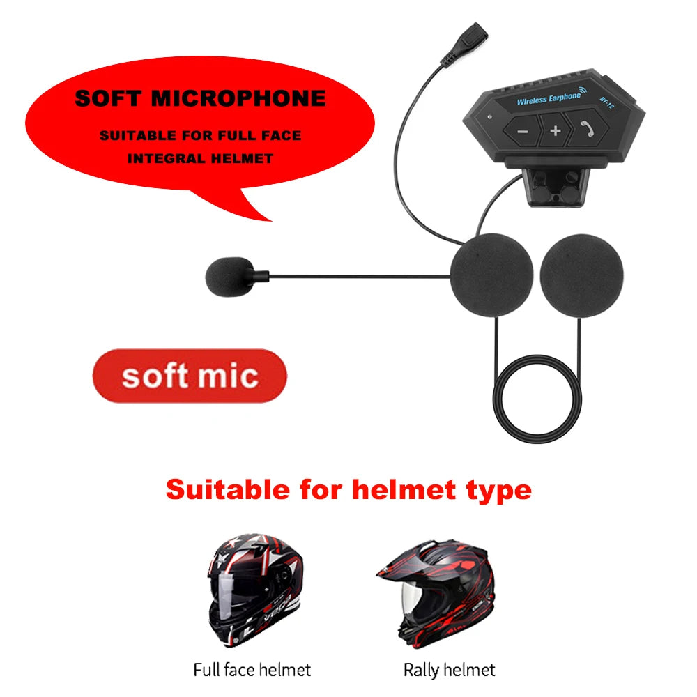 Helmet intercom system with soft microphone attachment, suitable for full face and rally helmets, on a white background.