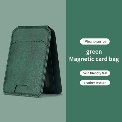 Green magnetic card bag for iPhone series on a green background