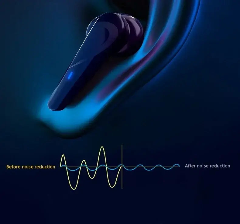 Ear illustration demonstrating noise reduction technology, showing a before-and-after effect on sound waves
