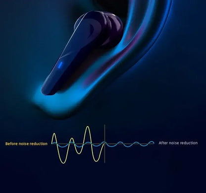 Ear illustration demonstrating noise reduction technology, showing a before-and-after effect on sound waves
