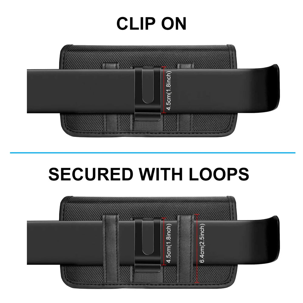 Black phone holster with clip-on feature and loop fasteners on a white background
