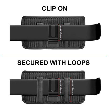 Black phone holster with clip-on feature and loop fasteners on a white background
