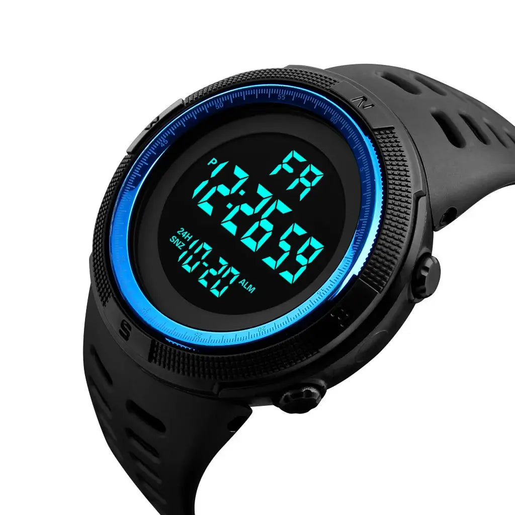 UTAI C26 men's black digital sport watch with blue accents on a white background

