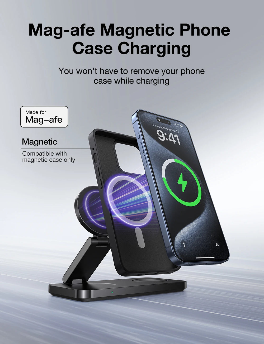 Mag-afe magnetic phone case charging stand with smartphone on a gray background