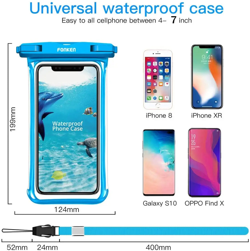 Universal waterproof phone case with smartphone compatibility and dimensions displayed

