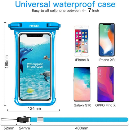 Universal waterproof phone case with smartphone compatibility and dimensions displayed
