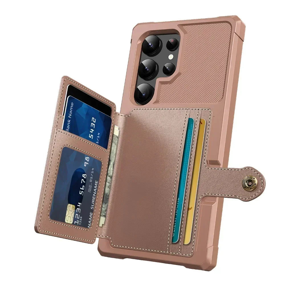 Rose gold phone case with card slots and phone pocket on a white background