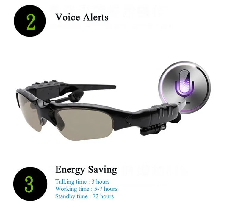 Sunglasses with a microphone attachment and text about voice alerts and energy saving features.