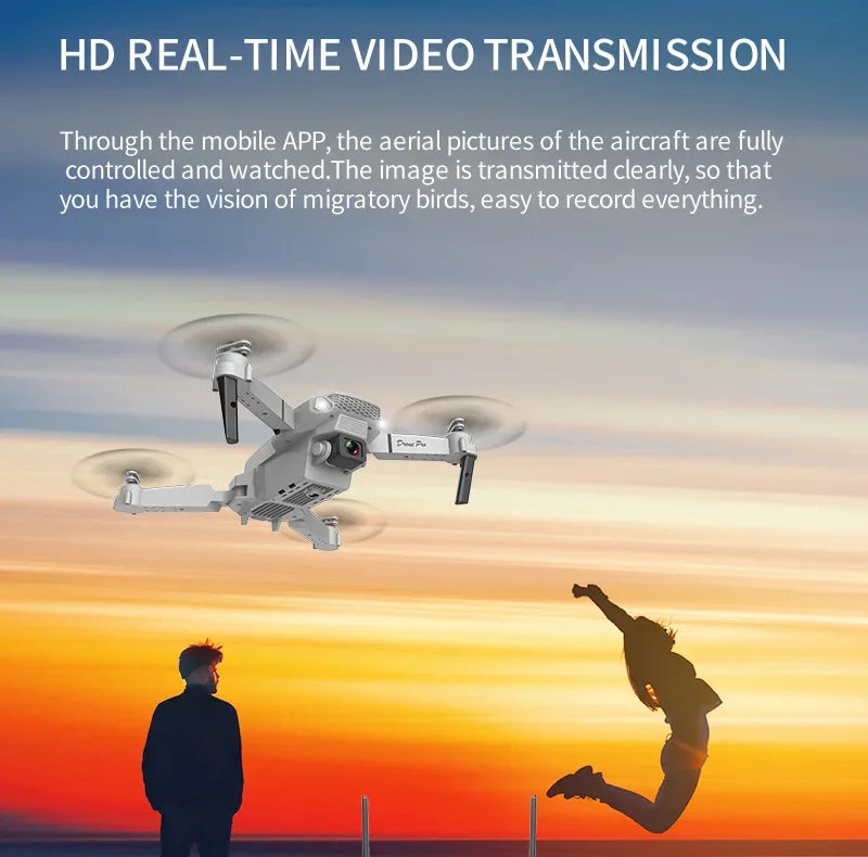 Drone with text about HD real-time video transmission against a sunset sky.