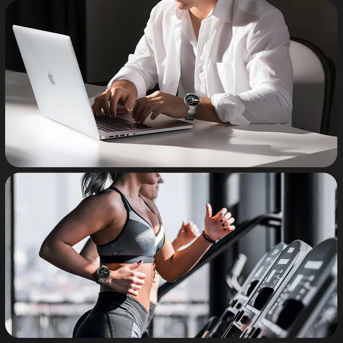 Top half shows a person working on a laptop, bottom half shows a person on a treadmill.
