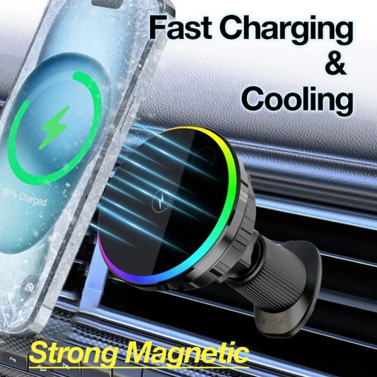 Car air vent mount with fast charging and cooling features, showing a smartphone being charged.