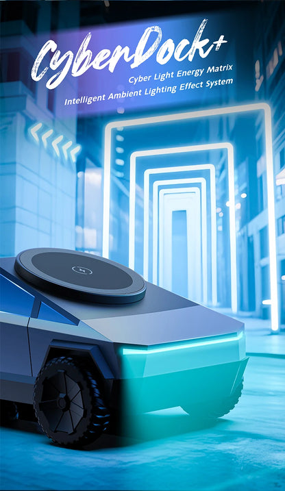 Futuristic vehicle with 'CyberDock+' technology in a high-tech corridor.