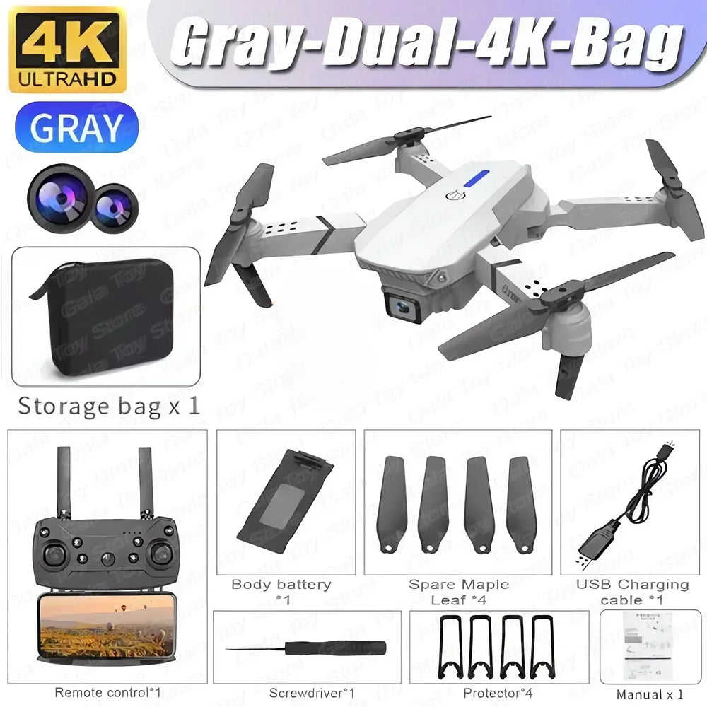 Gray dual 4K bag with drone, storage bag, remote control, and accessories on a white background.