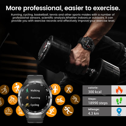 Smartwatch being used with a person lifting weights, displaying exercise modes and stats on the screen.