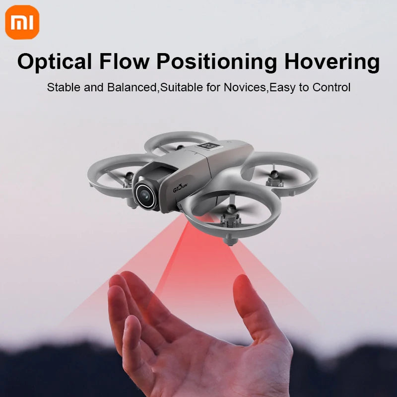 Drone hovering above a hand with optical flow positioning technology highlighted, featuring Xiaomi logo.