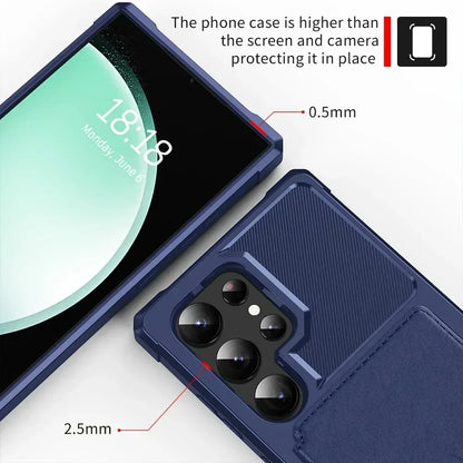 Phone case with screen and camera protection, showing dimensions on a white background.