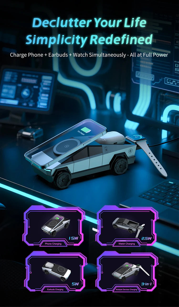 Electronic devices with charging times displayed on a futuristic interface background.