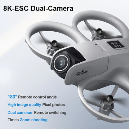 Gray drone with dual cameras on a light blue background