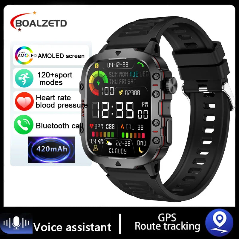 Smartwatch with various features displayed on a white background